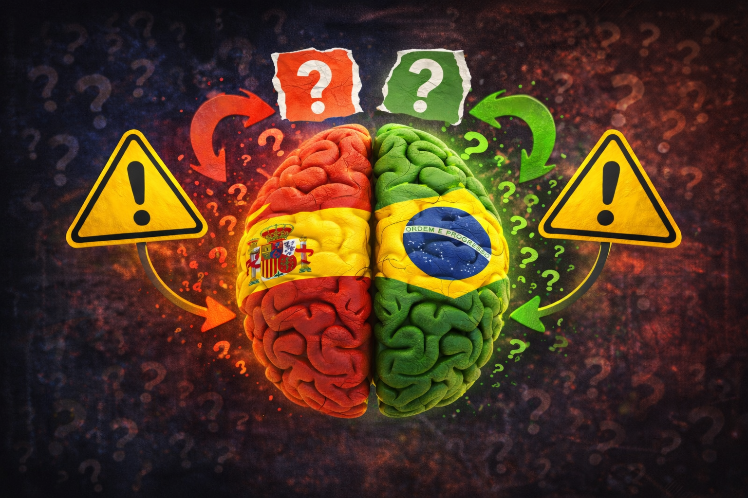 Ilustração de um cérebro dividido ao meio, com a bandeira da Espanha em um lado e a bandeira do Brasil no outro, cercado por sinais de alerta e pontos de interrogação, representando confusões e armadilhas entre os idiomas português e espanhol.