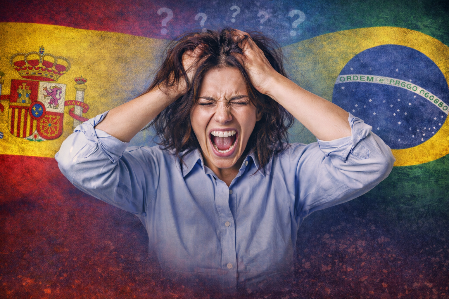 Mulher adulta ao centro, com expressão de desespero, olhos fechados e boca aberta como se estivesse gritando, segurando o próprio cabelo com as duas mãos. Ao fundo aparecem as bandeiras da Espanha (à esquerda) e do Brasil (à direita), com pontos de interrogação espalhados, sugerindo confusão entre idiomas.