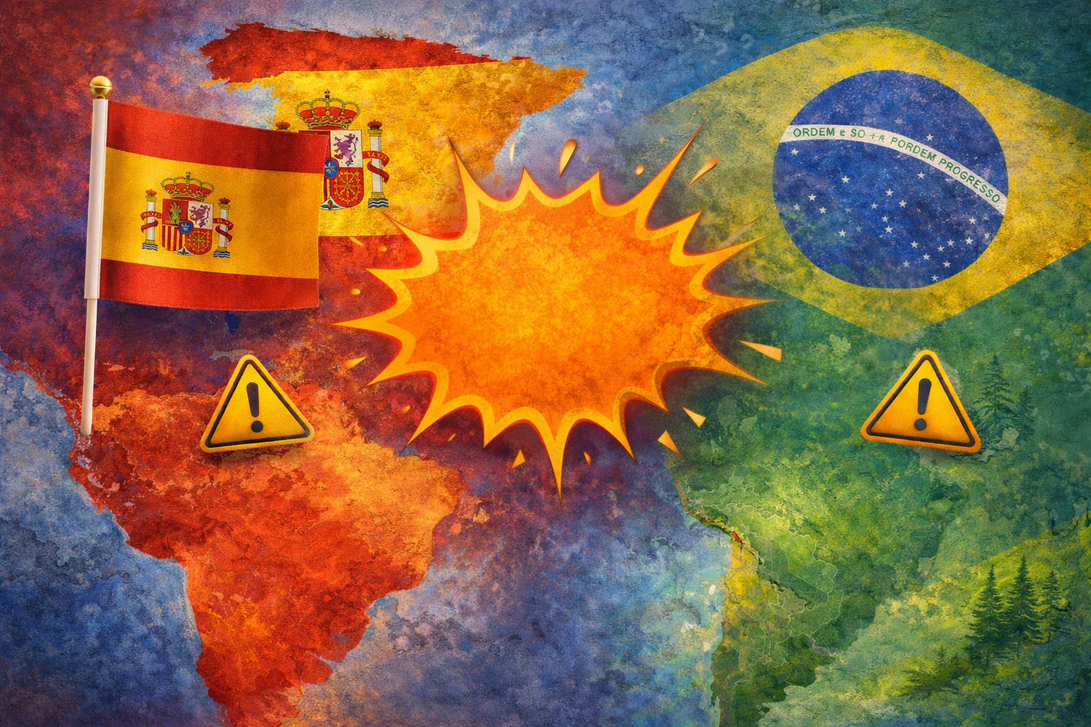 Imagem ilustrada em estilo de mapa mostrando a Espanha à esquerda e o Brasil à direita, ambos preenchidos com as cores de suas bandeiras nacionais. Entre os dois países há uma grande explosão em estilo de história em quadrinhos, sugerindo conflito ou tensão. Símbolos de alerta amarelos com ponto de exclamação aparecem próximos a ambos os países. O fundo tem textura pictórica, com mistura intensa de vermelho, azul, verde e amarelo, criando um efeito dramático e de alto contraste.