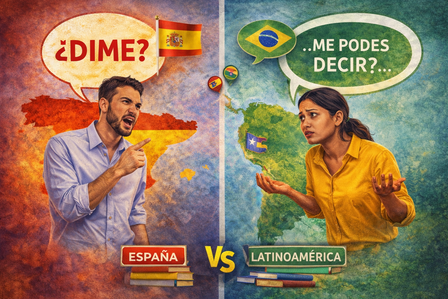 Ilustração conceitual comparando o espanhol da Espanha e o espanhol da América Latina, com duas pessoas em estilos de comunicação diferentes diante de mapas da Espanha e da América Latina, representando contrastes culturais na forma de falar.