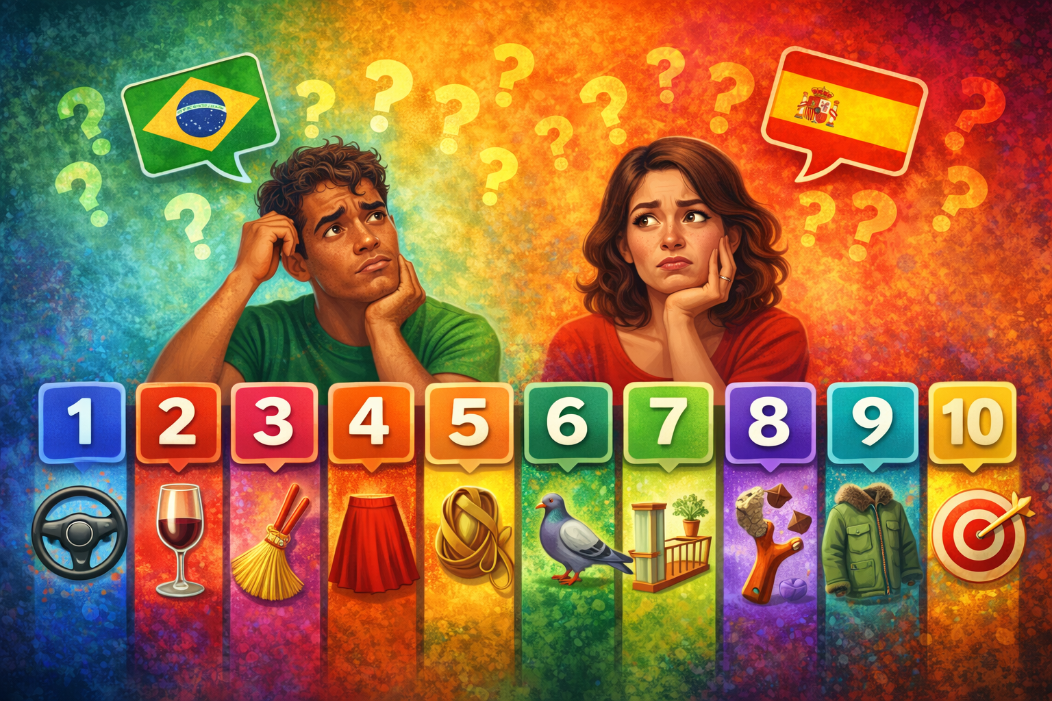 Ilustração colorida com brasileiro e espanhola pensativos, bandeiras dos dois países e ícones representando palavras que testam o verdadeiro conhecimento de espanhol.