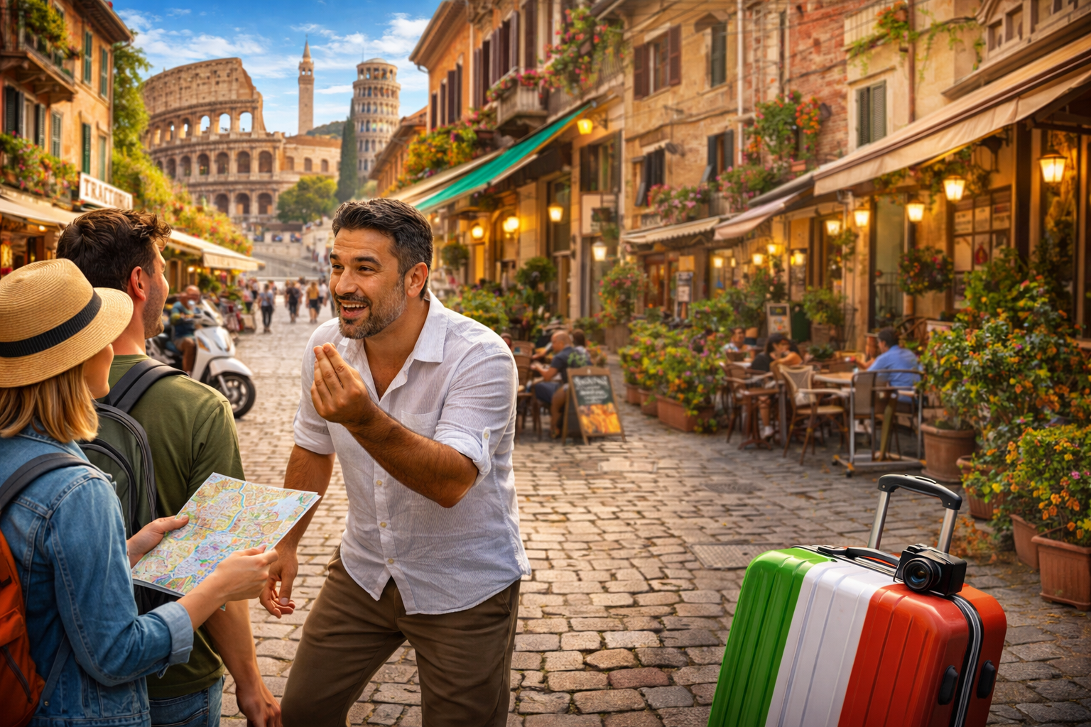 Turistas conversando com um italiano em uma rua típica da Itália, cercados por cafés e arquitetura clássica, enquanto pedem informações durante uma viagem. A cena transmite uma situação real de comunicação, com o italiano gesticulando de forma expressiva, ajudando os visitantes a se localizarem.
